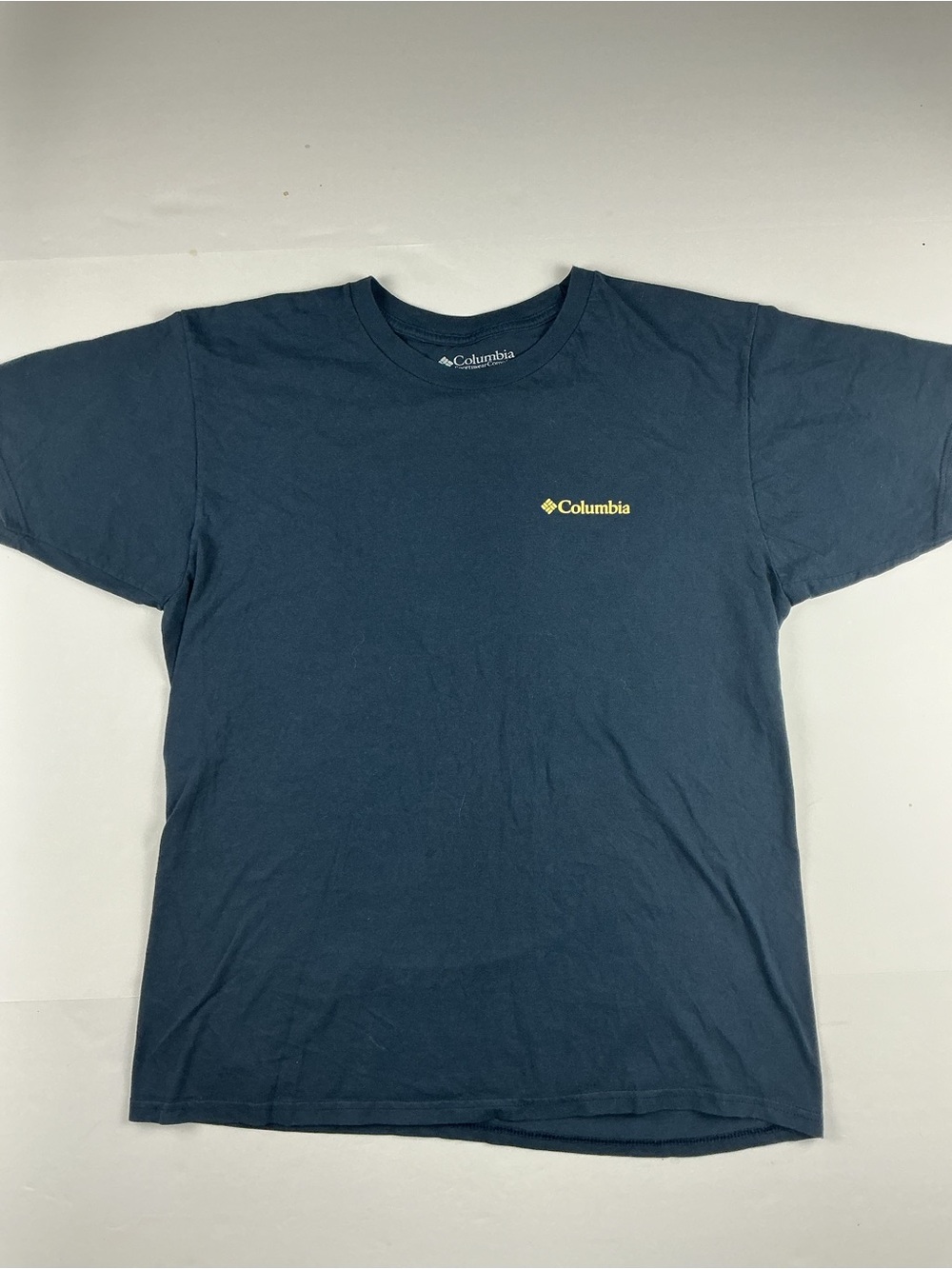 Columbia Navy Short-Sleeve Logo Tee with mountain bear scene on back